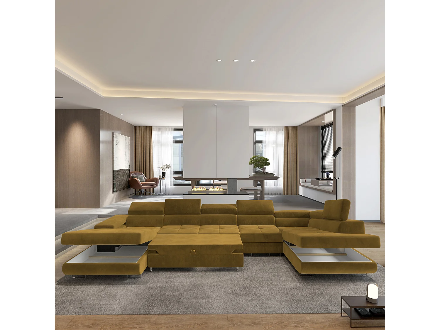 Canapé D'angle Velora  Jaune En Velours Avec Fonction De Couchage