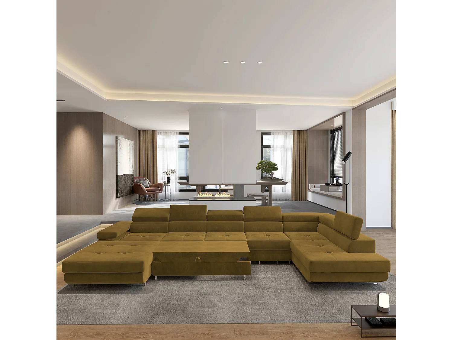 Canapé D'angle Velora  Jaune En Velours Avec Fonction De Couchage