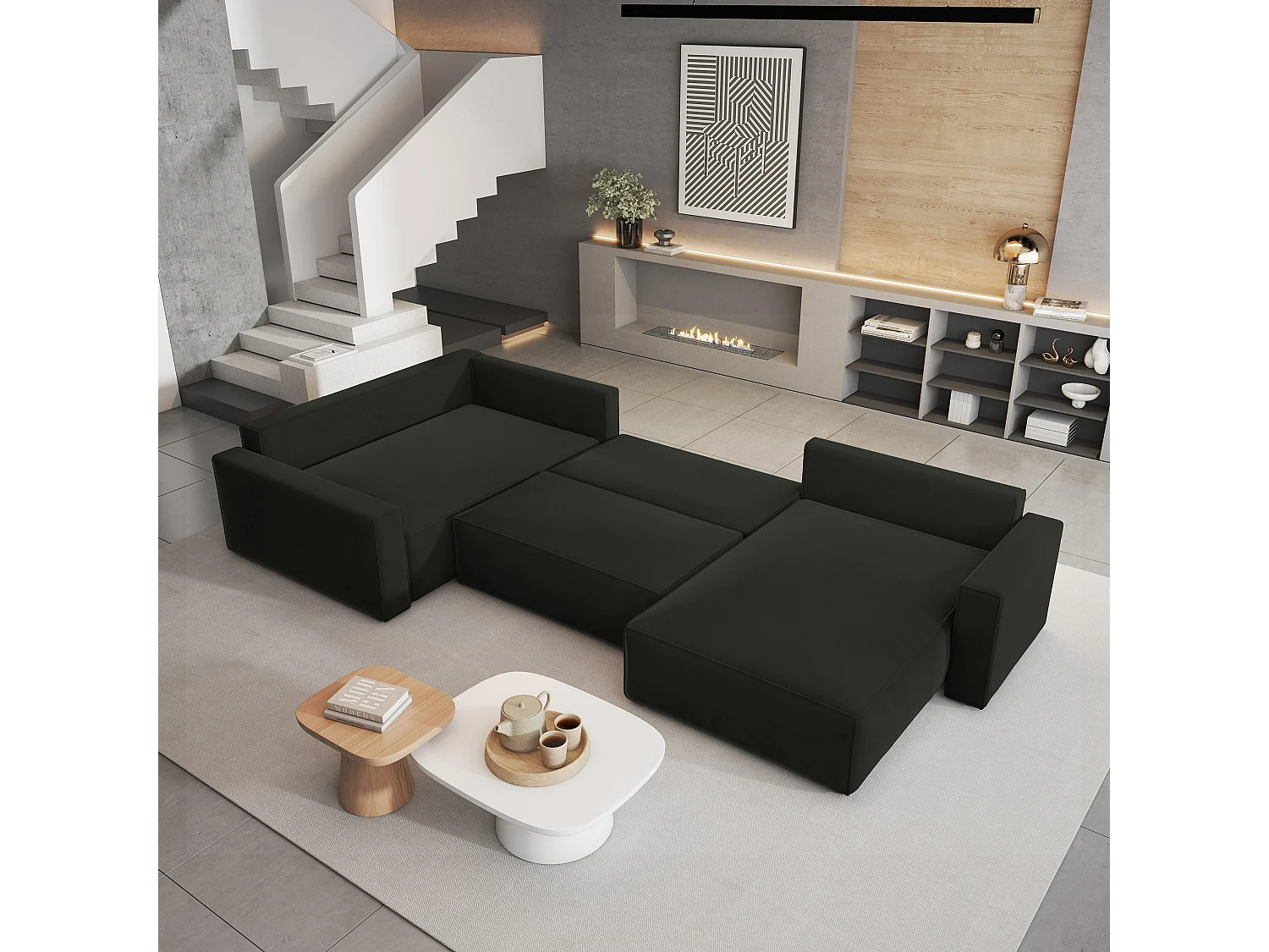 Canapé D'angle Velami Noir En Velours Avec Fonction De Couchage