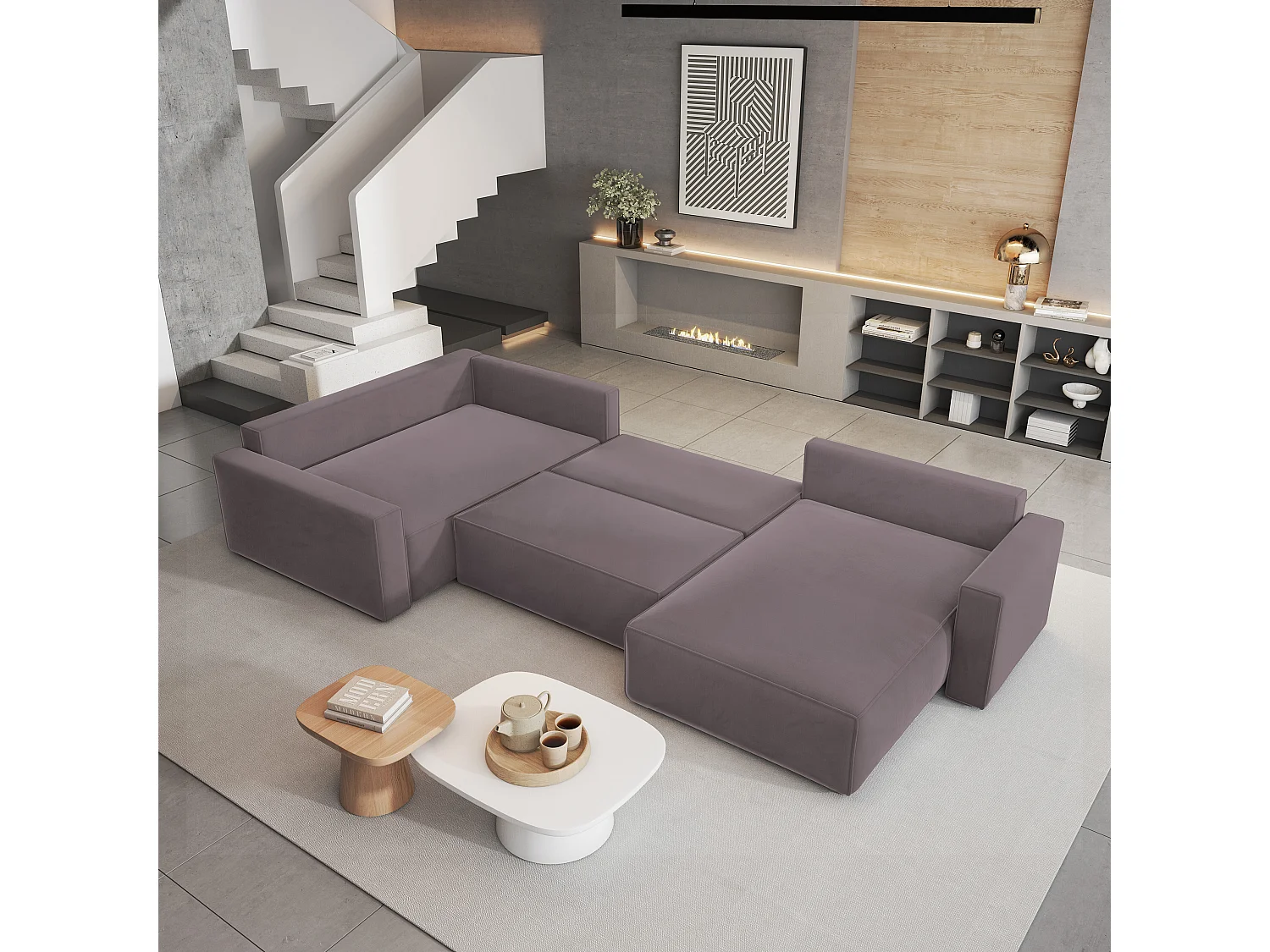 Canapé D'angle Velami Violet En Velours Avec Fonction De Couchage