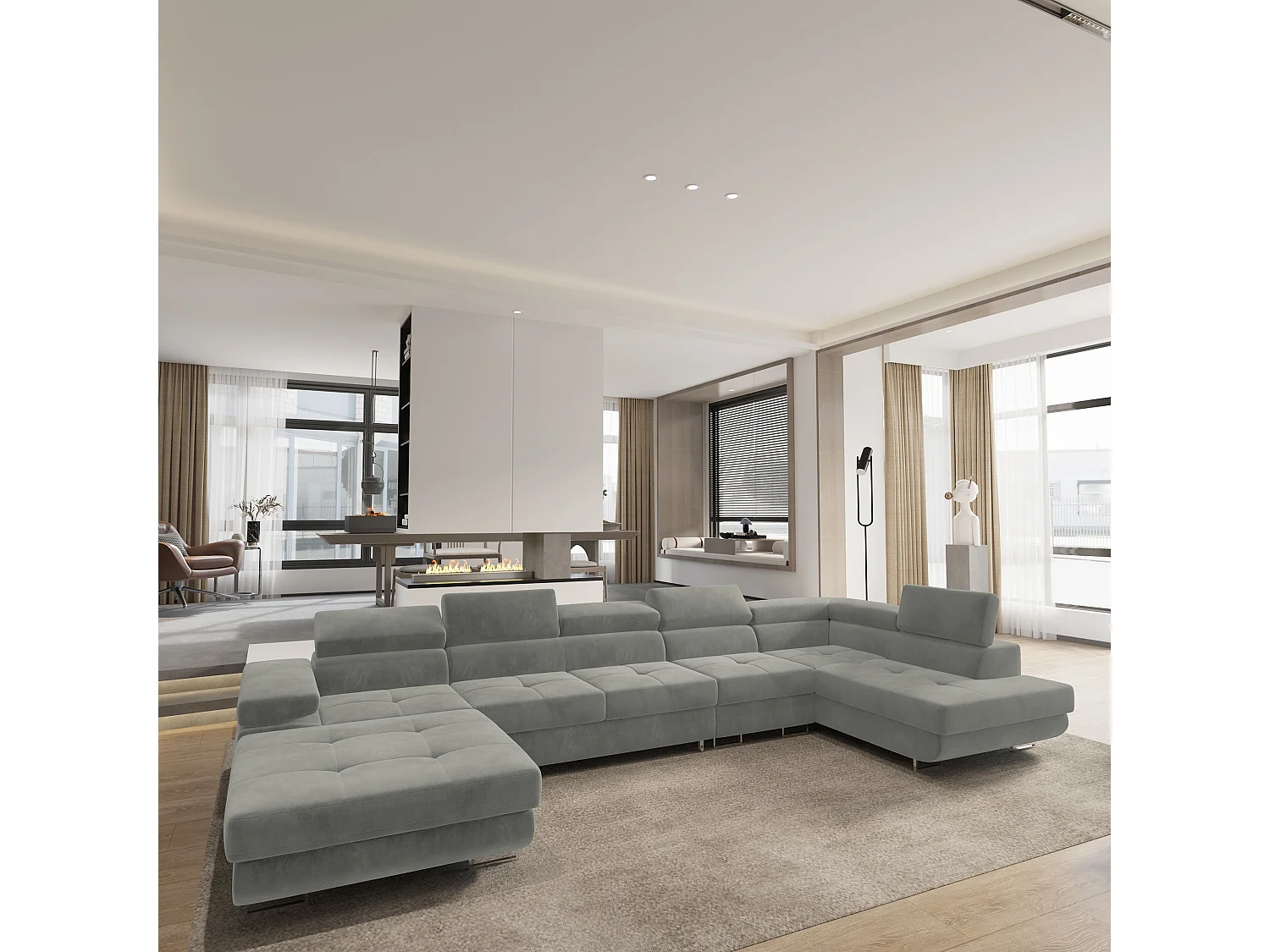 Canapé D'angle Velora  Gris Clair En Velours Avec Fonction De Couchage