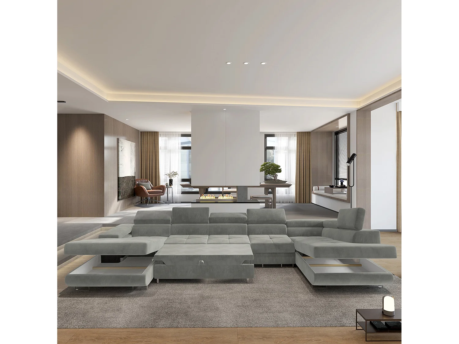 Canapé D'angle Velora  Gris Clair En Velours Avec Fonction De Couchage