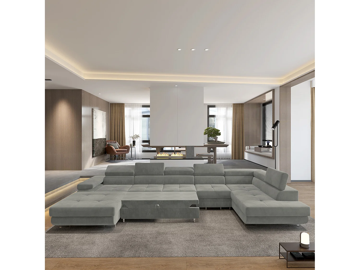 Canapé D'angle Velora  Gris Clair En Velours Avec Fonction De Couchage