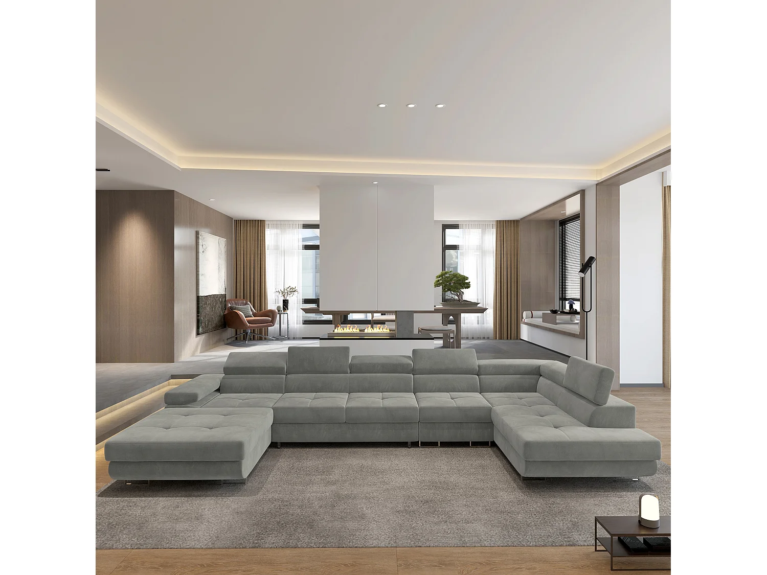 Canapé D'angle Velora  Gris Clair En Velours Avec Fonction De Couchage