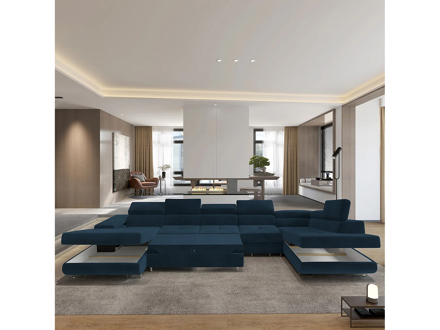 Canapé D'angle Velora  Bleu En Velours Avec Fonction De Couchage