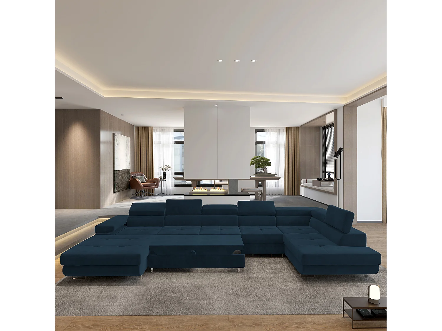 Canapé D'angle Velora  Bleu En Velours Avec Fonction De Couchage