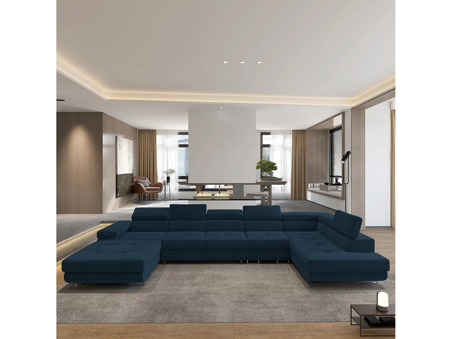 Canapé D'angle Velora  Bleu En Velours Avec Fonction De Couchage