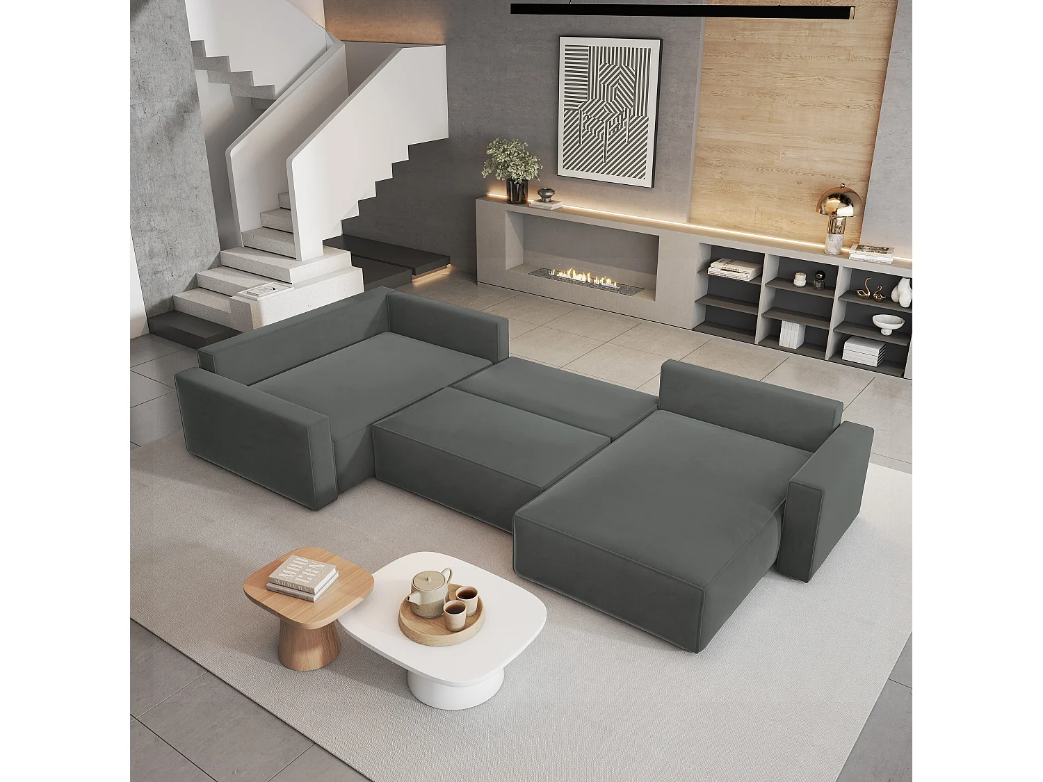 Canapé D'angle Velami Gris En Velours Avec Fonction De Couchage