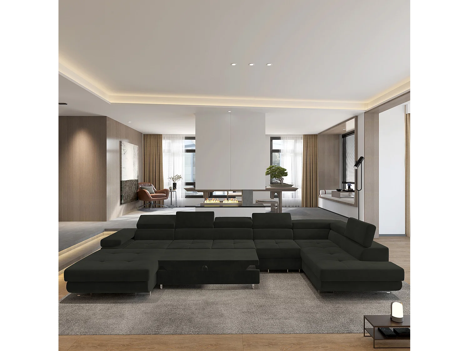 Canapé D'angle Velora  Noir En Velours Avec Fonction De Couchage