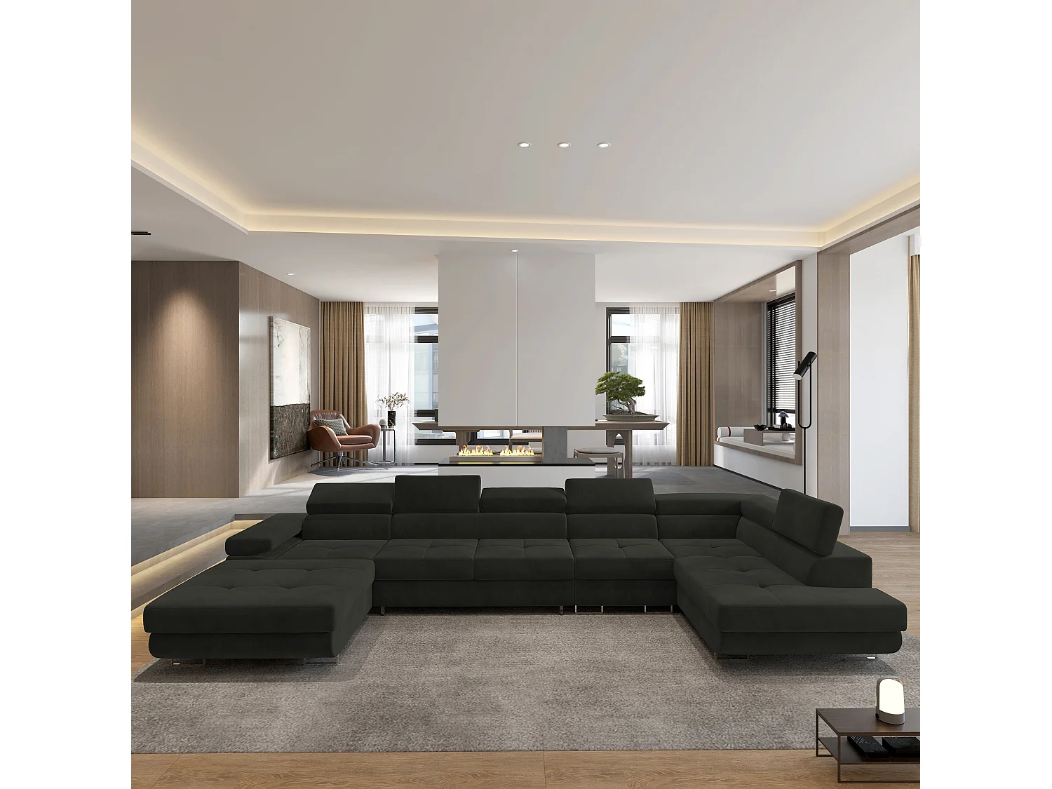 Canapé D'angle Velora  Noir En Velours Avec Fonction De Couchage