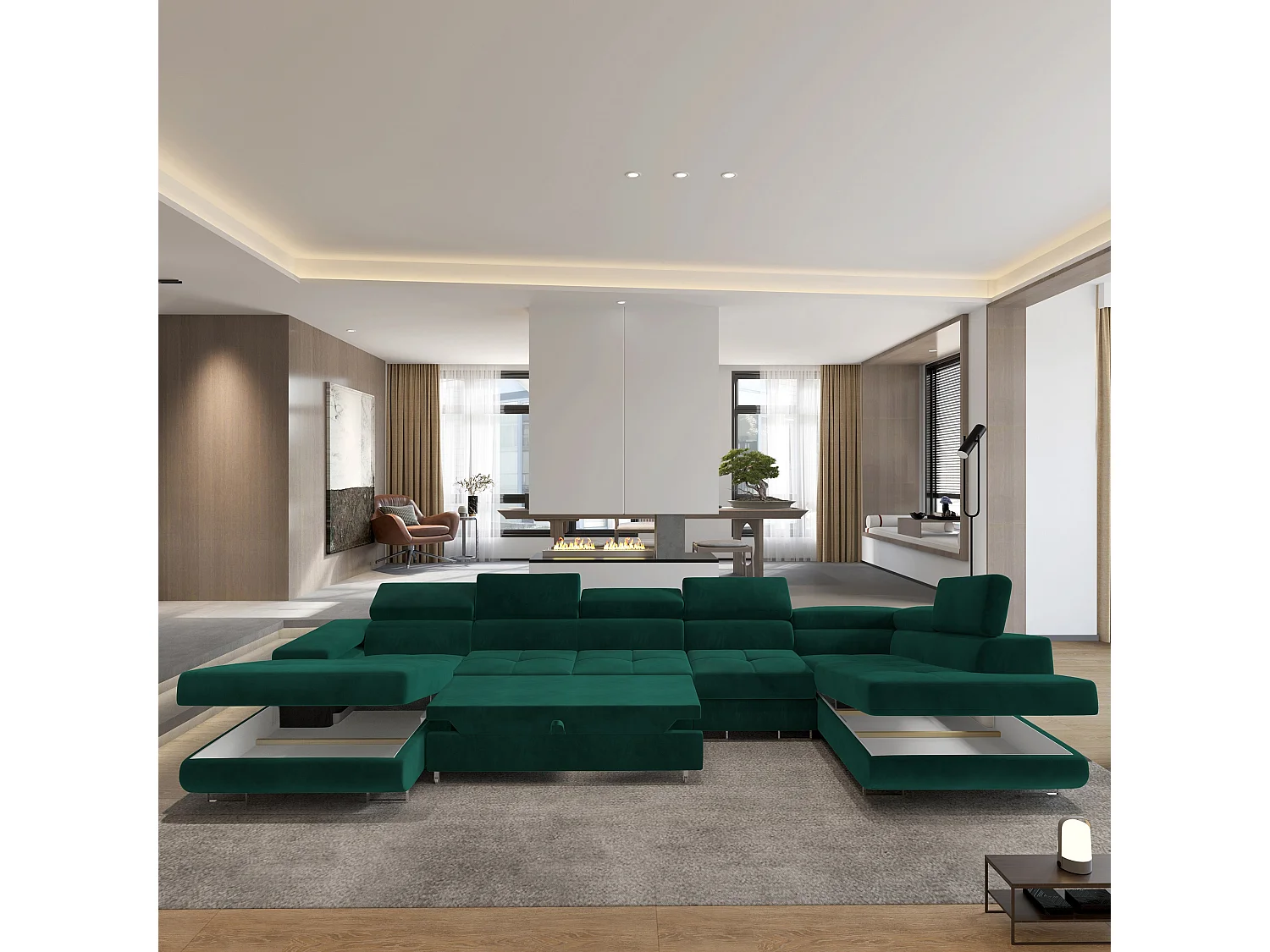 Canapé D'angle Velora  Vert Sapin En Velours Avec Fonction De Couchage