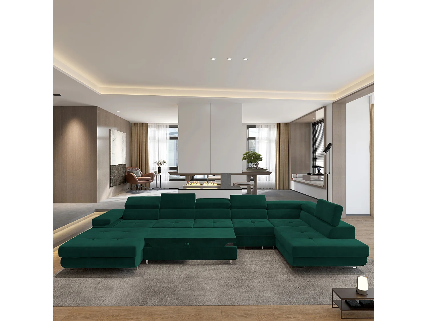 Canapé D'angle Velora  Vert Sapin En Velours Avec Fonction De Couchage