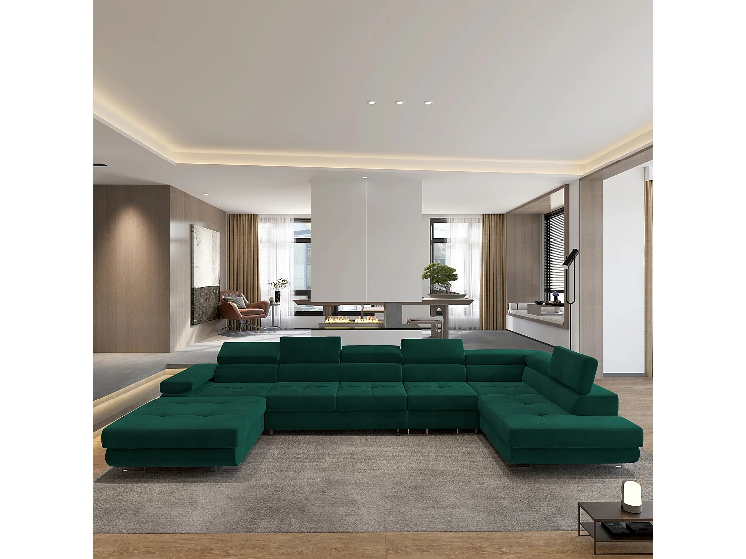 Canapé D'angle Velora  Vert Sapin En Velours Avec Fonction De Couchage