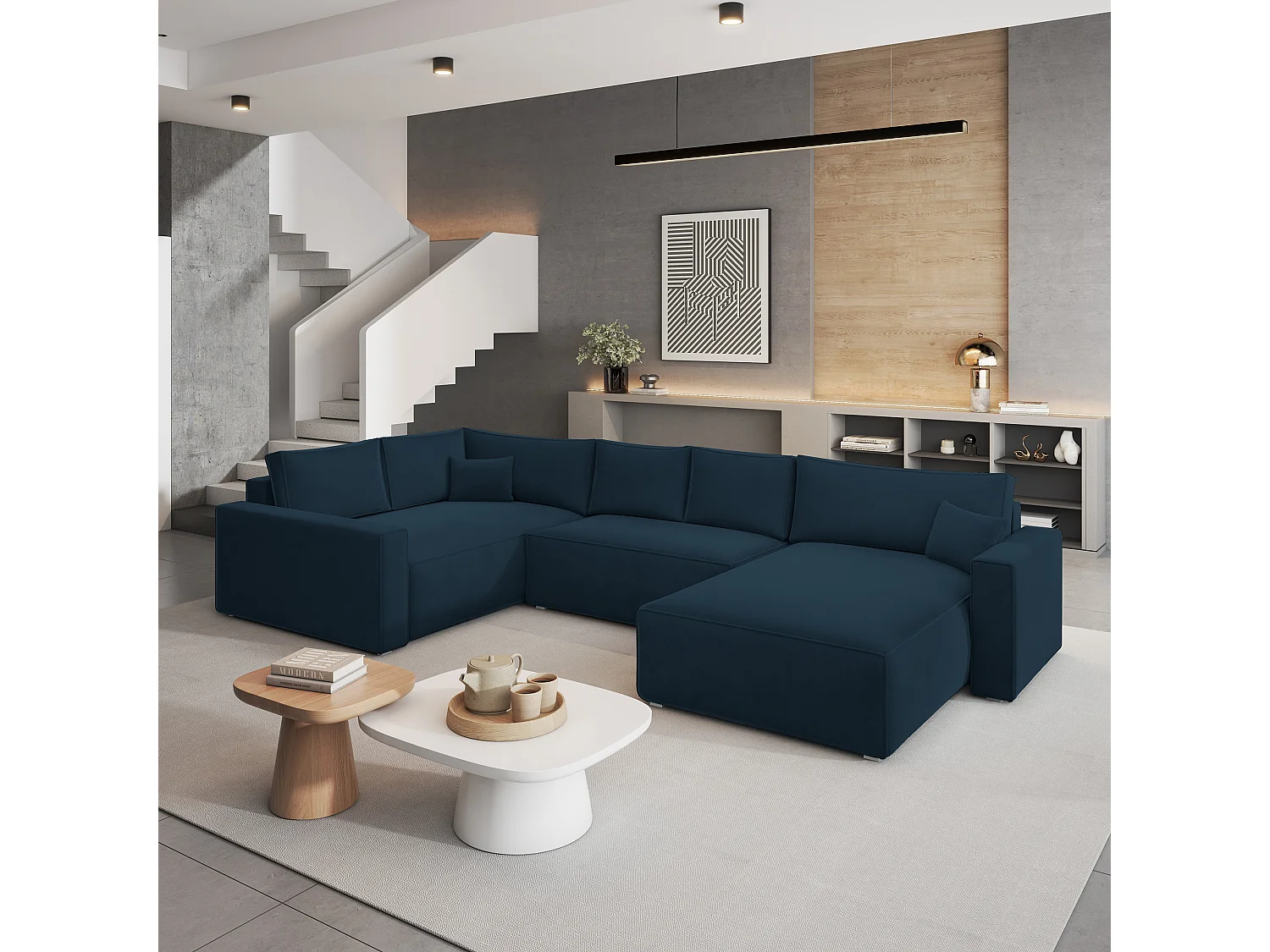 Canapé D'angle Velami Bleu En Velours Avec Fonction De Couchage