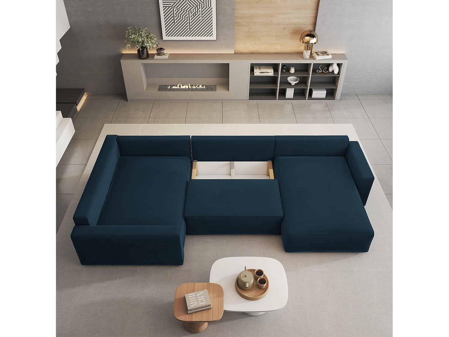 Canapé D'angle Velami Bleu En Velours Avec Fonction De Couchage