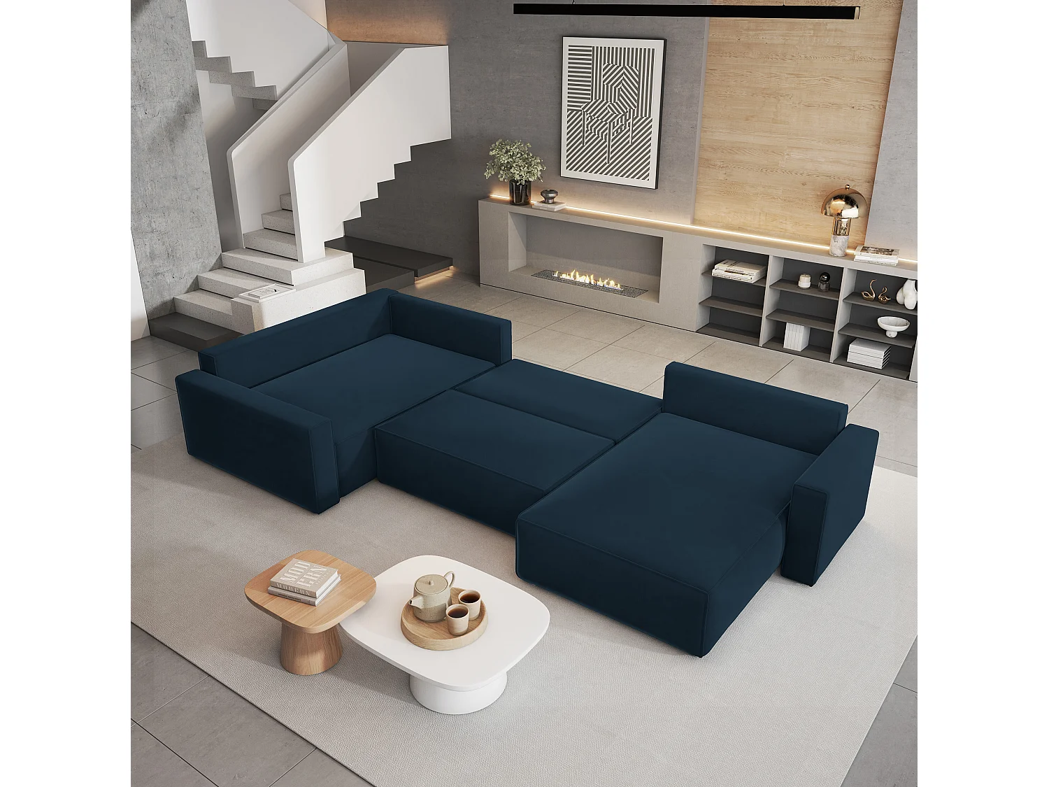 Canapé D'angle Velami Bleu En Velours Avec Fonction De Couchage