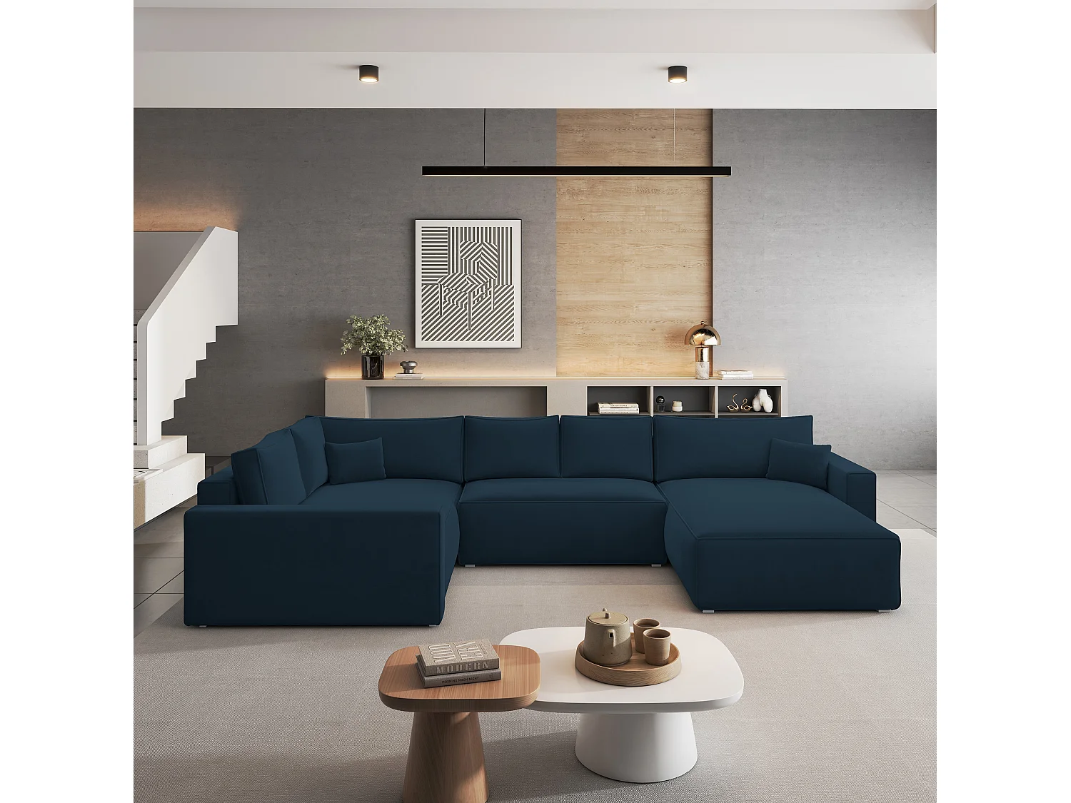 Canapé D'angle Velami Bleu En Velours Avec Fonction De Couchage