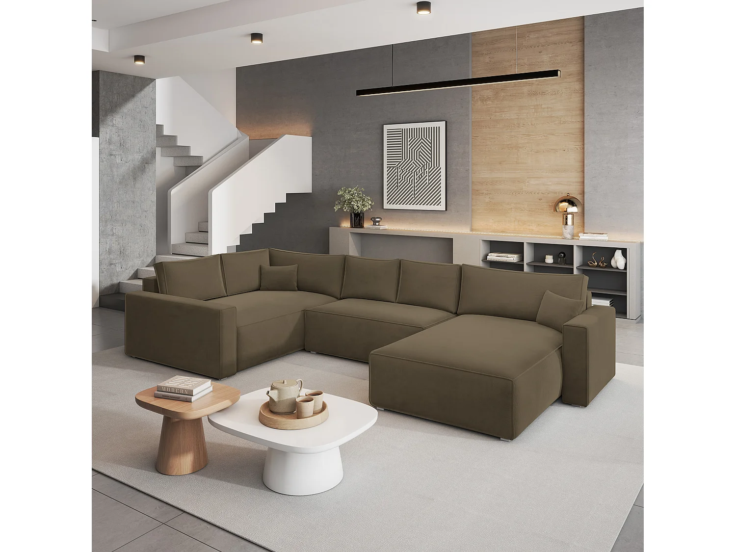 Canapé D'angle Velami Beige En Velours Avec Fonction De Couchage