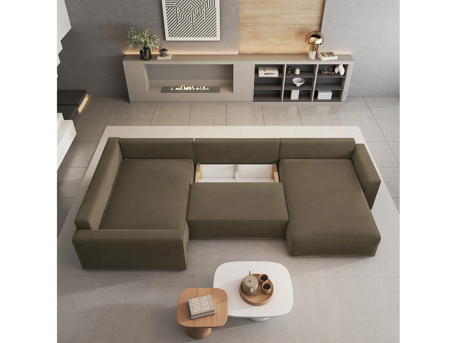 Canapé D'angle Velami Beige En Velours Avec Fonction De Couchage