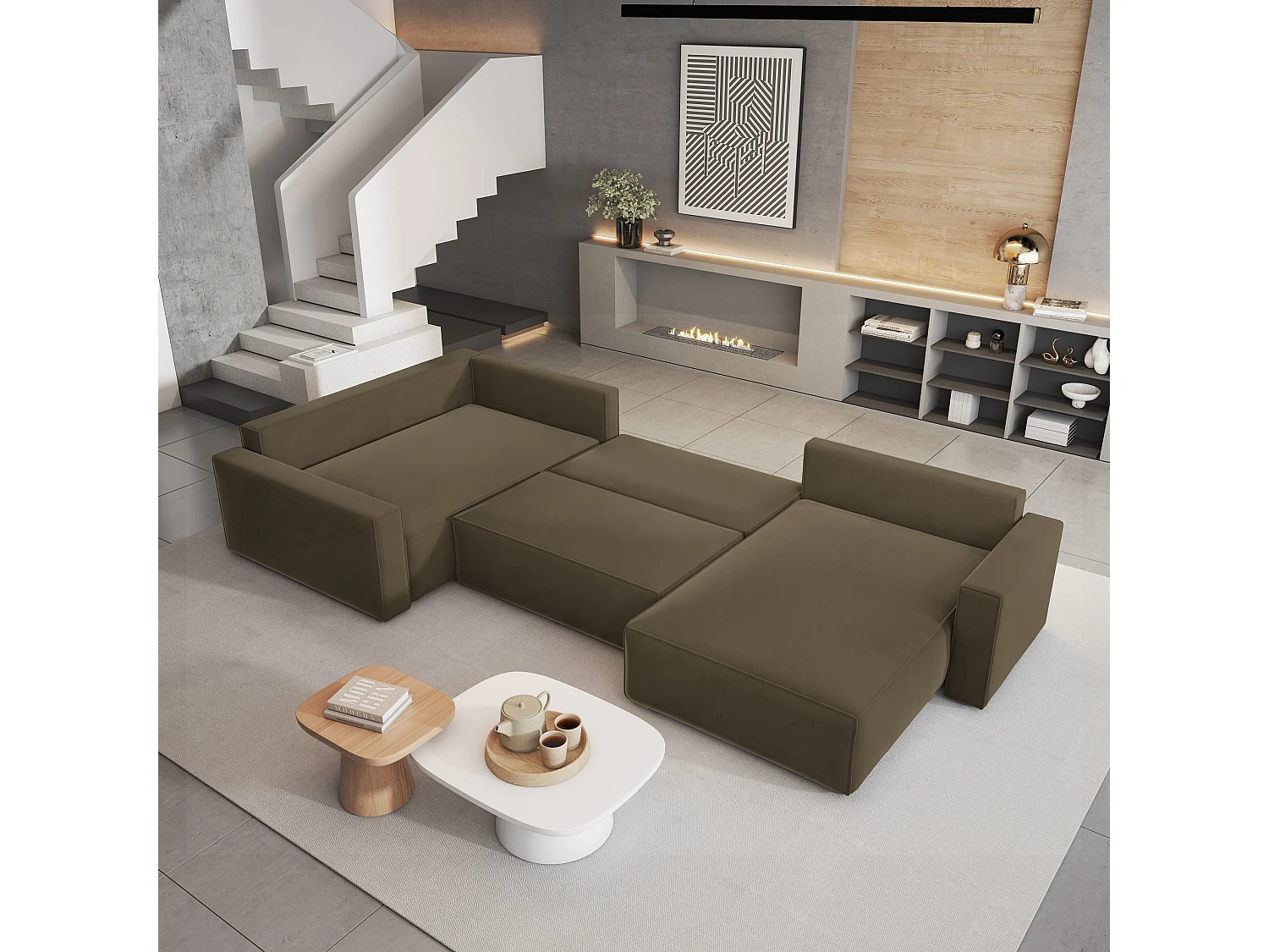 Canapé D'angle Velami Beige En Velours Avec Fonction De Couchage