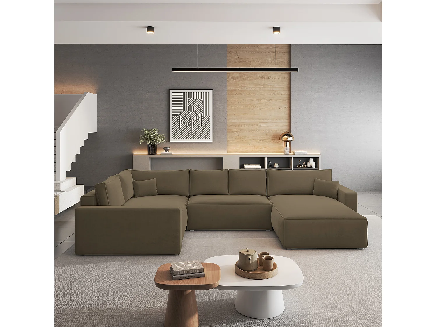 Canapé D'angle Velami Beige En Velours Avec Fonction De Couchage