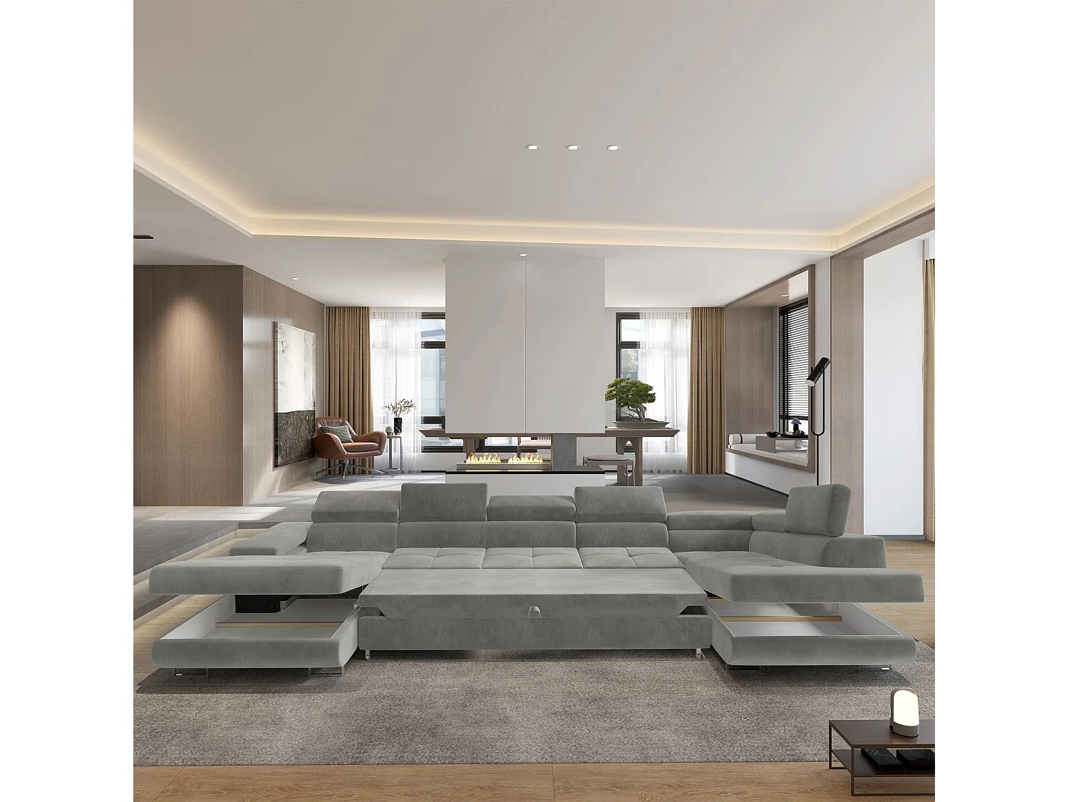 Canapé D'angle Toriva Gris Clair En Velours Avec Fonction De Couchage