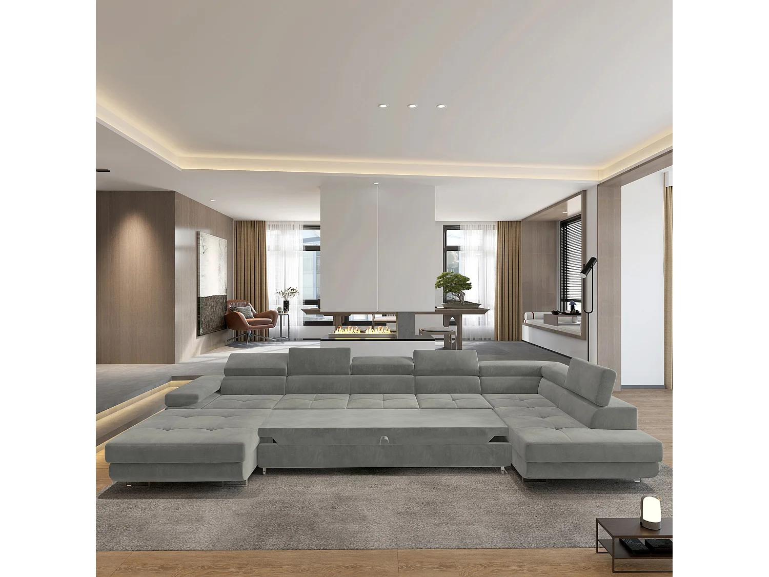 Canapé D'angle Toriva Gris Clair En Velours Avec Fonction De Couchage