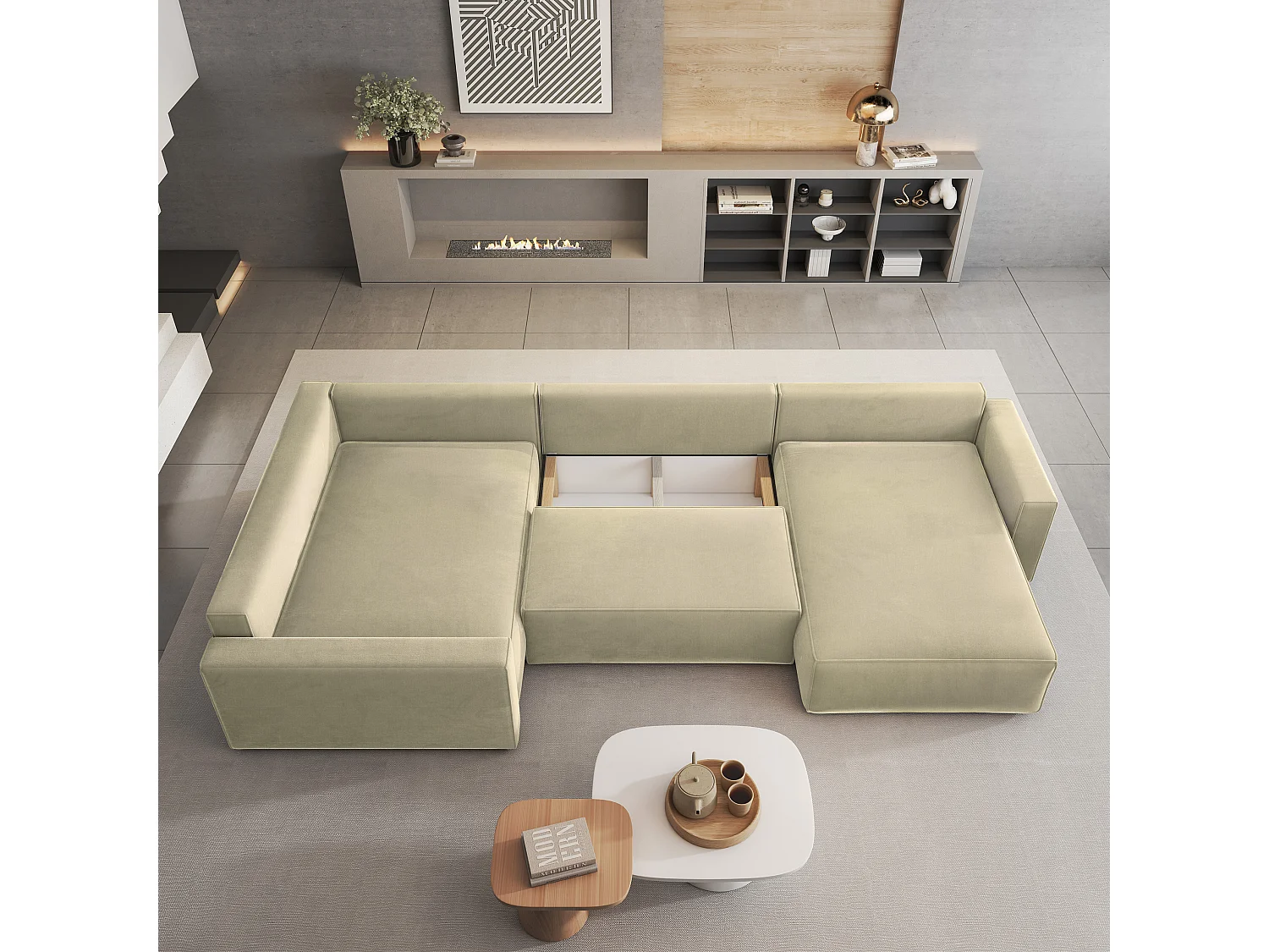 Canapé D'angle Velami Crème En Velours Avec Fonction De Couchage