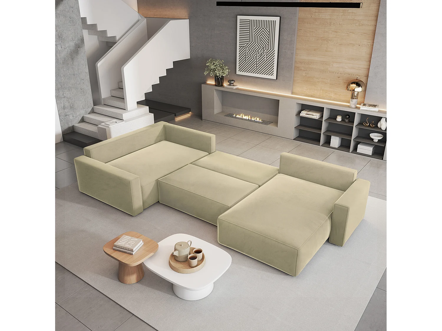 Canapé D'angle Velami Crème En Velours Avec Fonction De Couchage