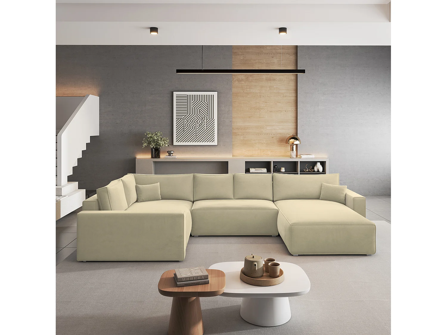 Canapé D'angle Velami Crème En Velours Avec Fonction De Couchage