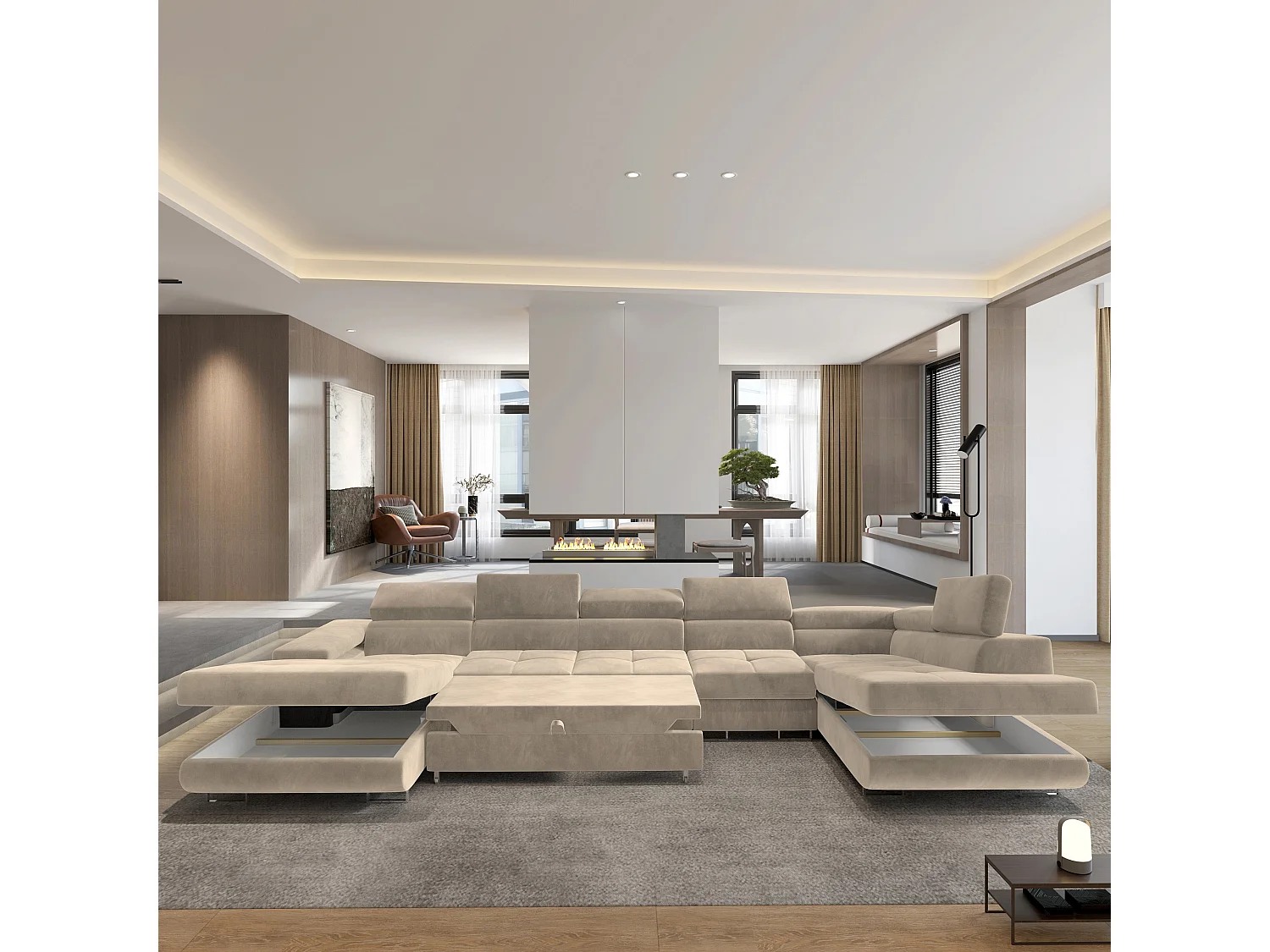 Canapé D'angle Velora  Crème En Velours Avec Fonction De Couchage