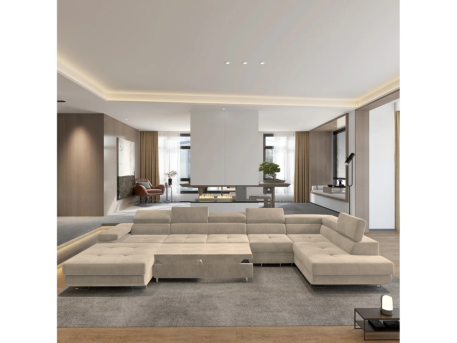 Canapé D'angle Velora  Crème En Velours Avec Fonction De Couchage