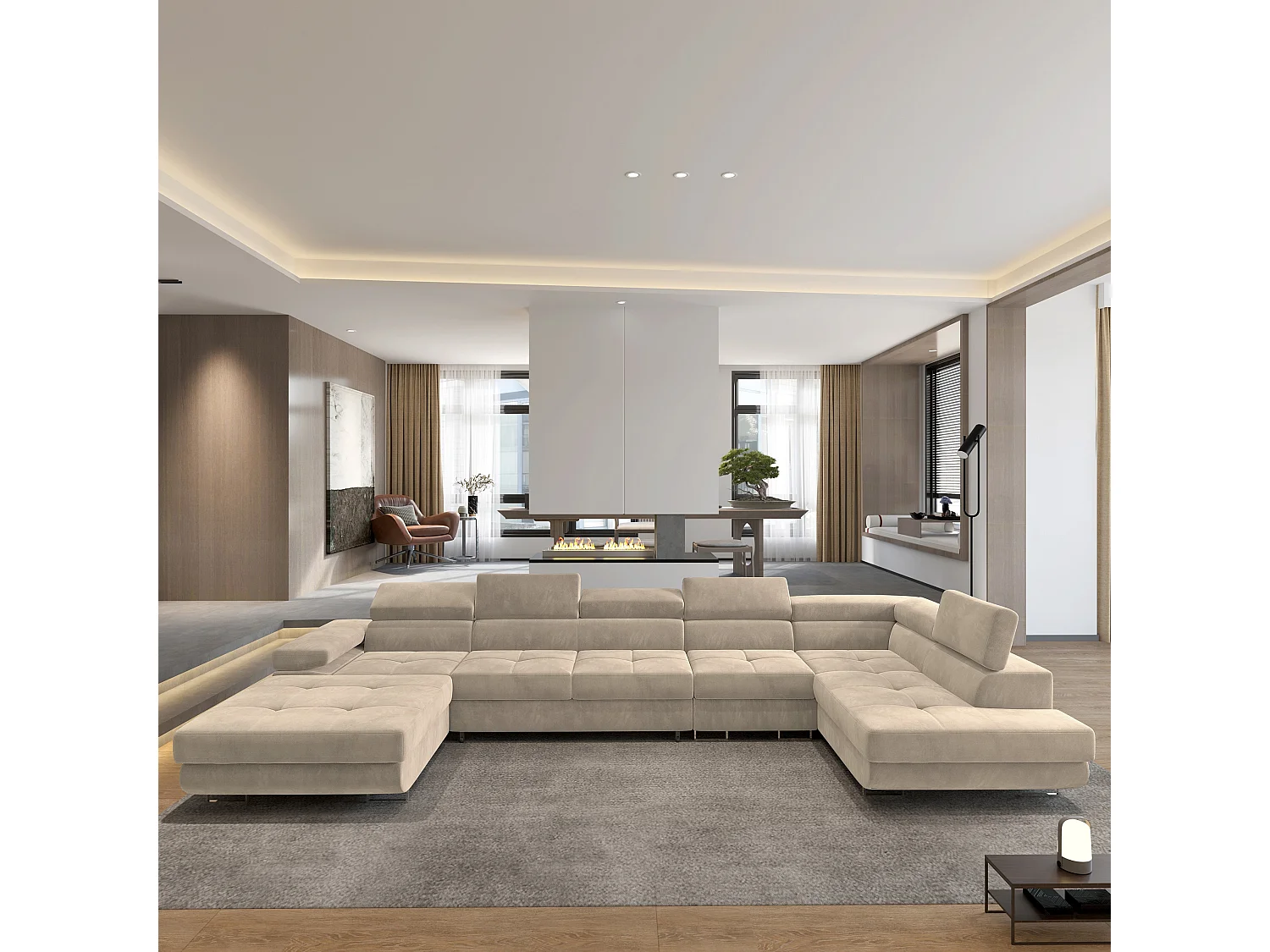 Canapé D'angle Velora  Crème En Velours Avec Fonction De Couchage