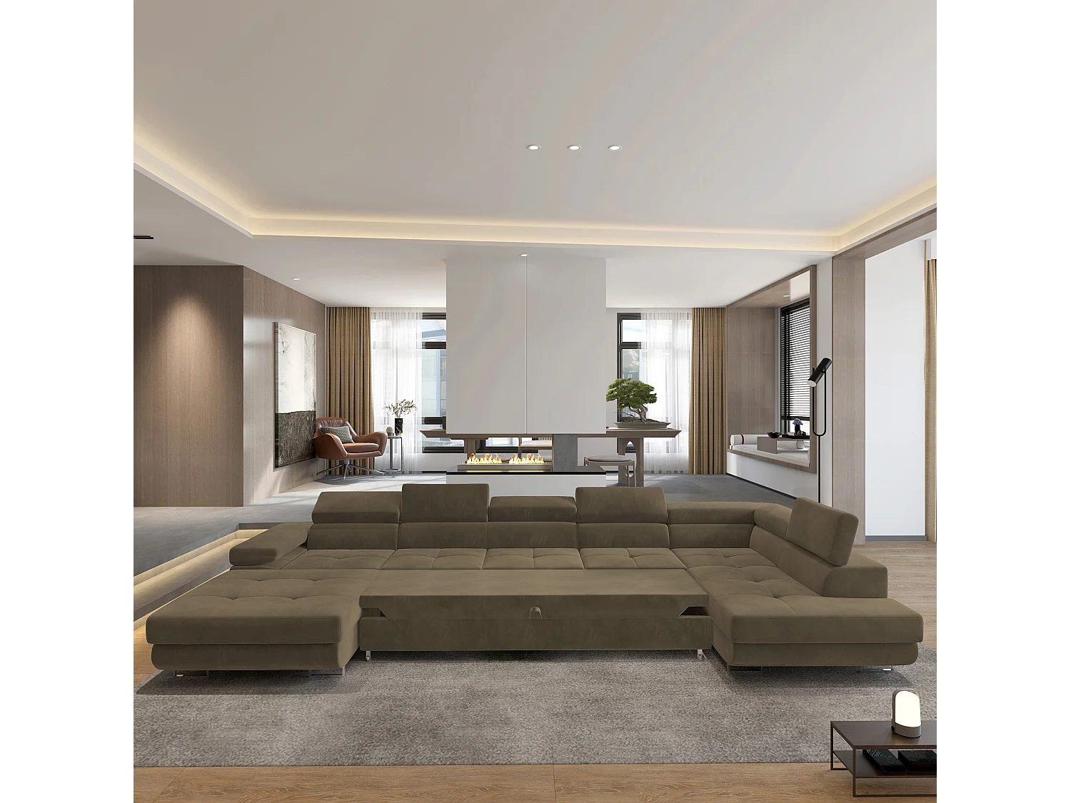 Canapé D'angle Toriva Beige En Velours Avec Fonction De Couchage