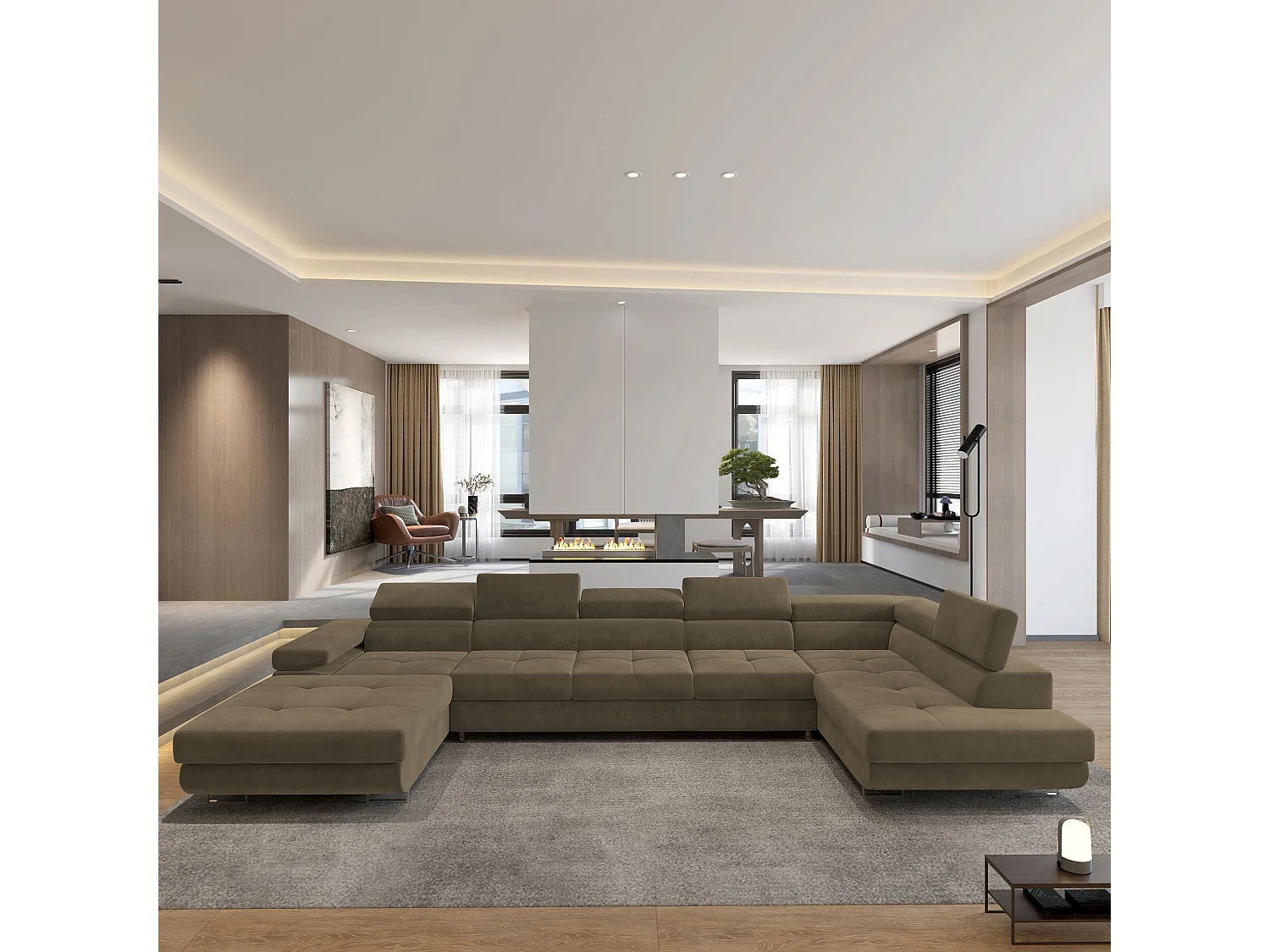 Canapé D'angle Toriva Beige En Velours Avec Fonction De Couchage