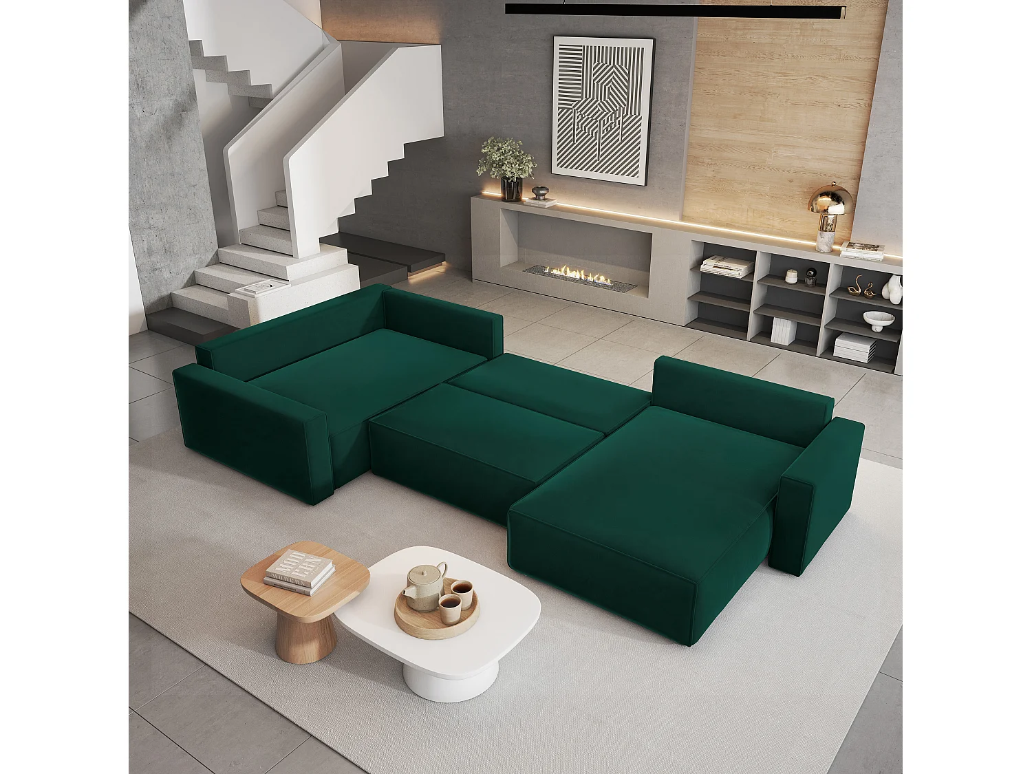 Canapé D'angle Velami Vert Sapin En Velours Avec Fonction De Couchage