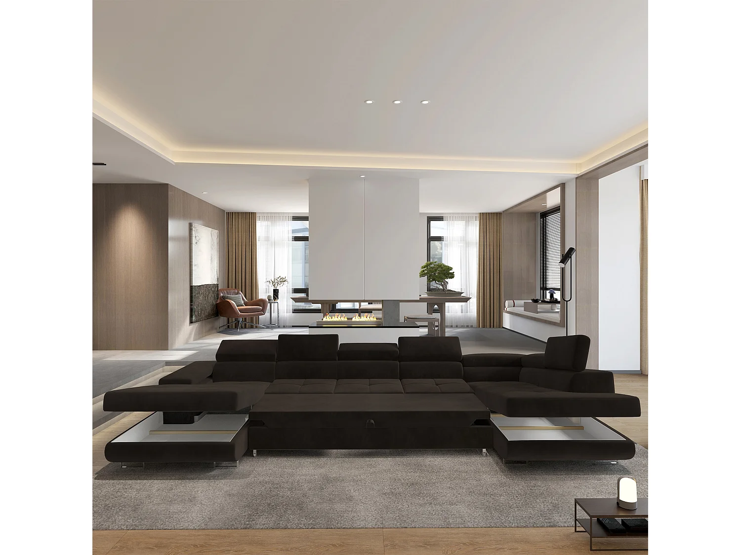 Canapé D'angle Toriva Marron En Velours Avec Fonction De Couchage