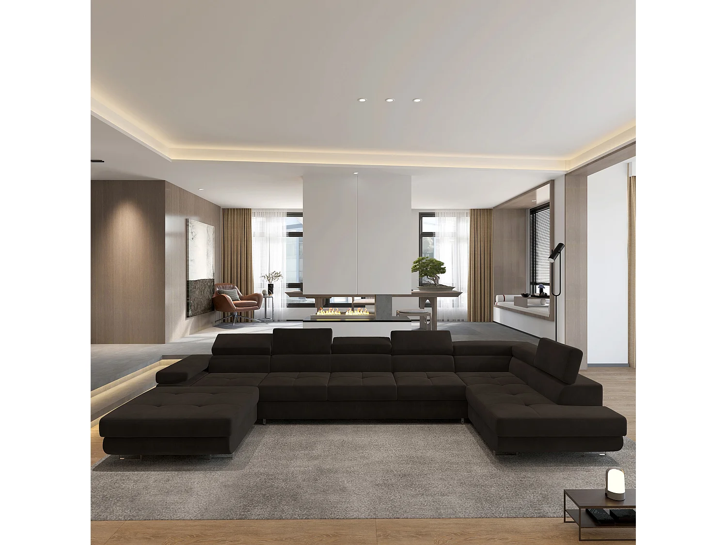 Canapé D'angle Toriva Marron En Velours Avec Fonction De Couchage