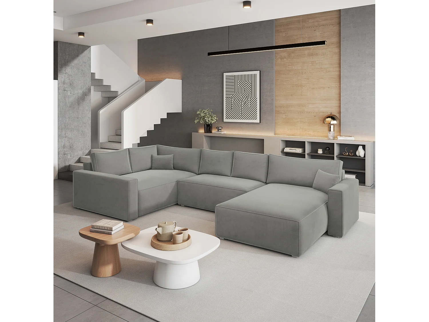 Canapé D'angle Velami Gris Clair En Velours Avec Fonction De Couchage