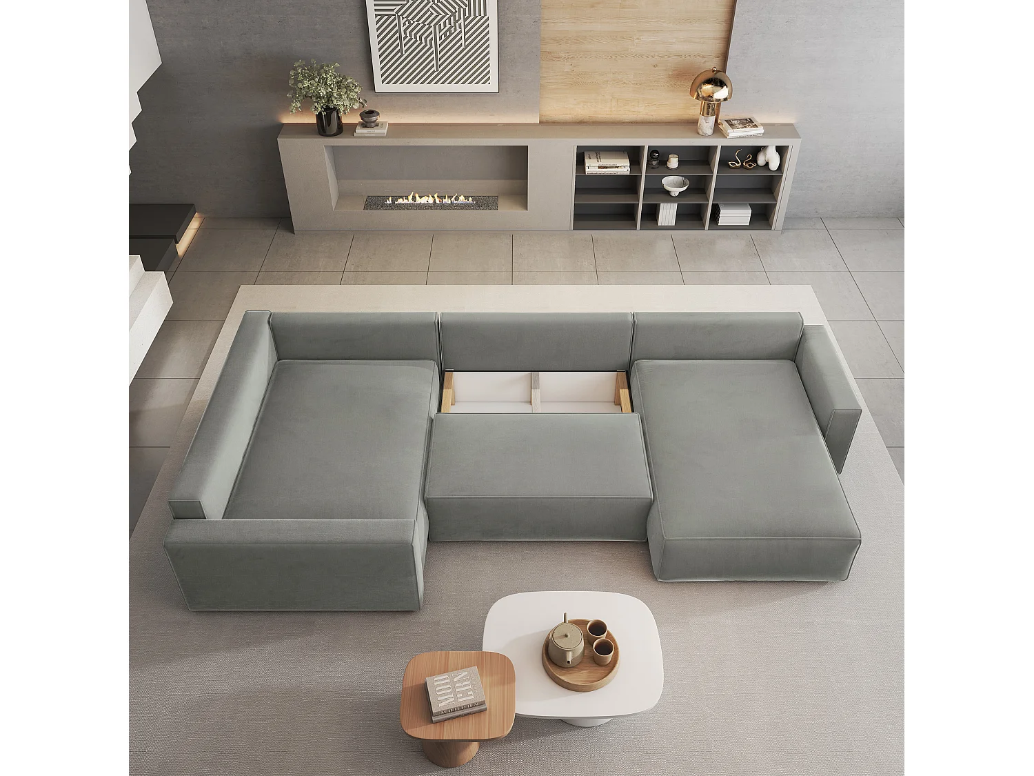 Canapé D'angle Velami Gris Clair En Velours Avec Fonction De Couchage