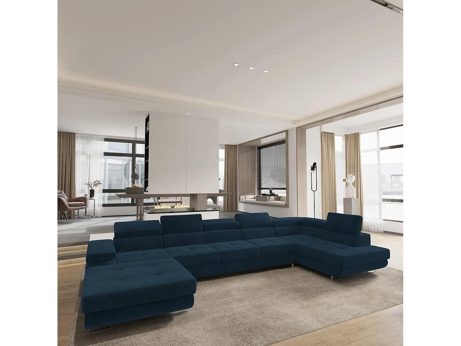 Canapé D'angle Toriva Bleu En Velours Avec Fonction De Couchage