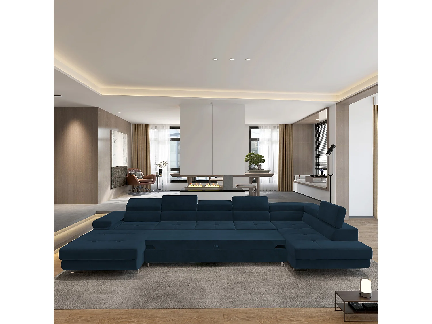 Canapé D'angle Toriva Bleu En Velours Avec Fonction De Couchage