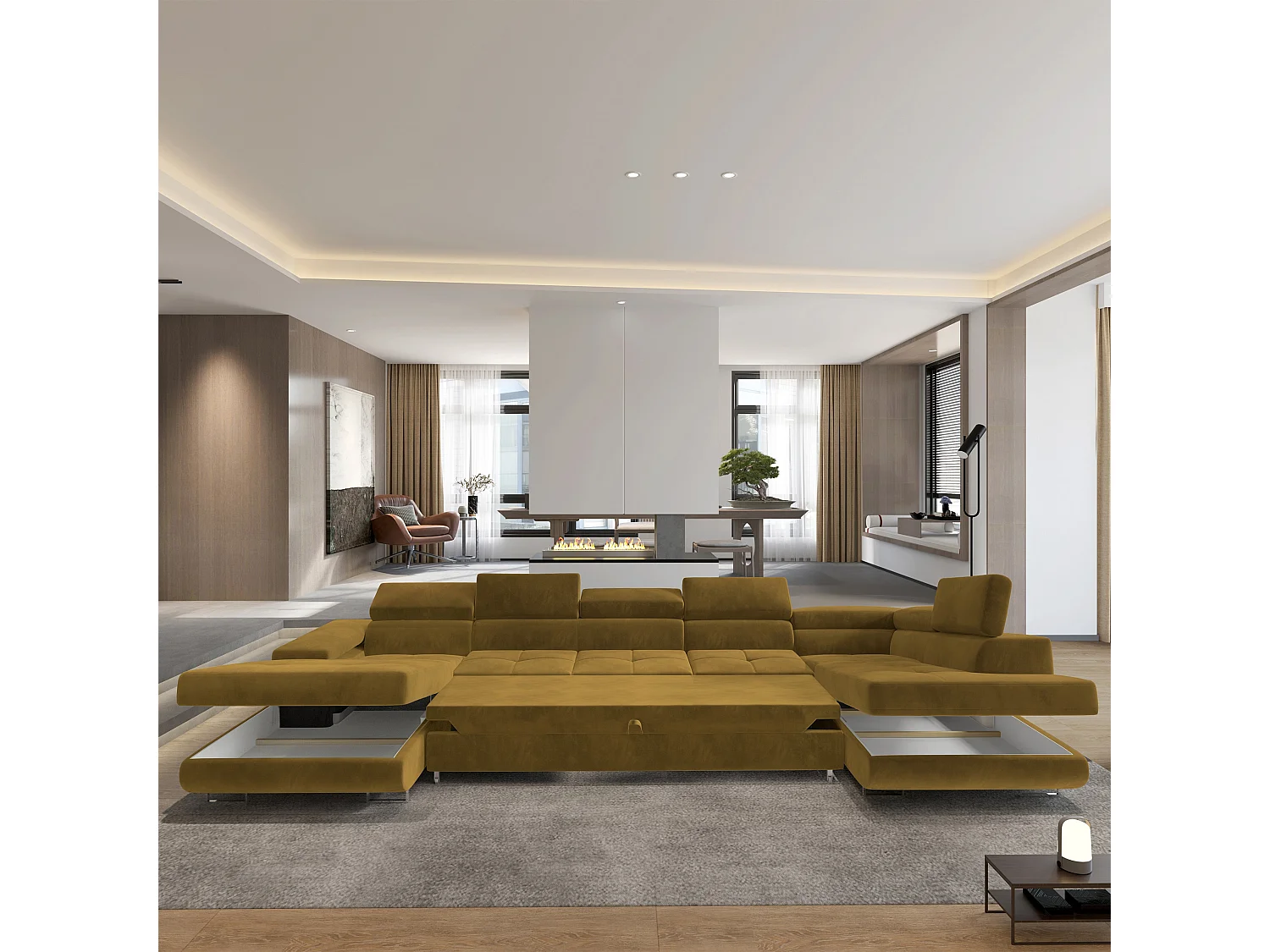 Canapé D'angle Toriva Jaune En Velours Avec Fonction De Couchage