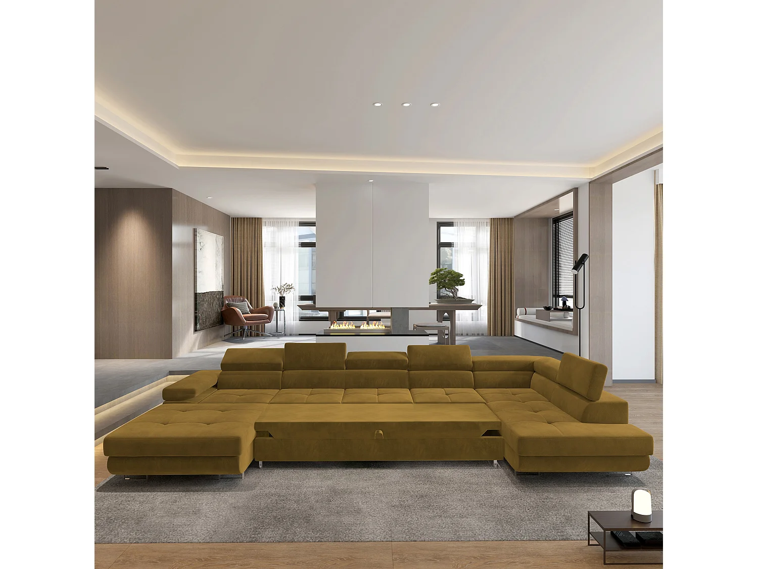 Canapé D'angle Toriva Jaune En Velours Avec Fonction De Couchage