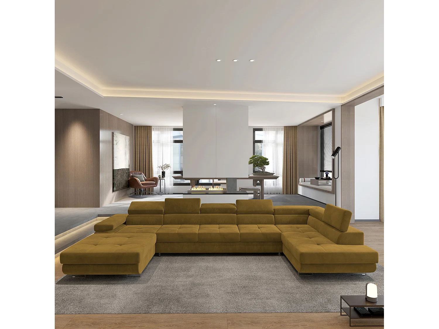 Canapé D'angle Toriva Jaune En Velours Avec Fonction De Couchage