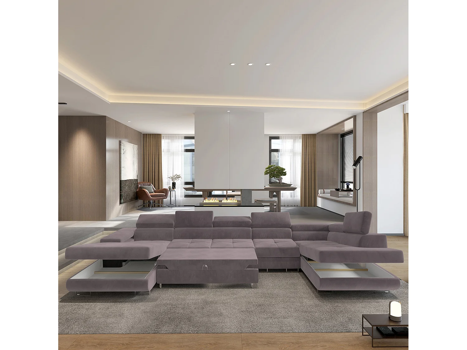 Canapé D'angle Velora  Violet En Velours Avec Fonction De Couchage