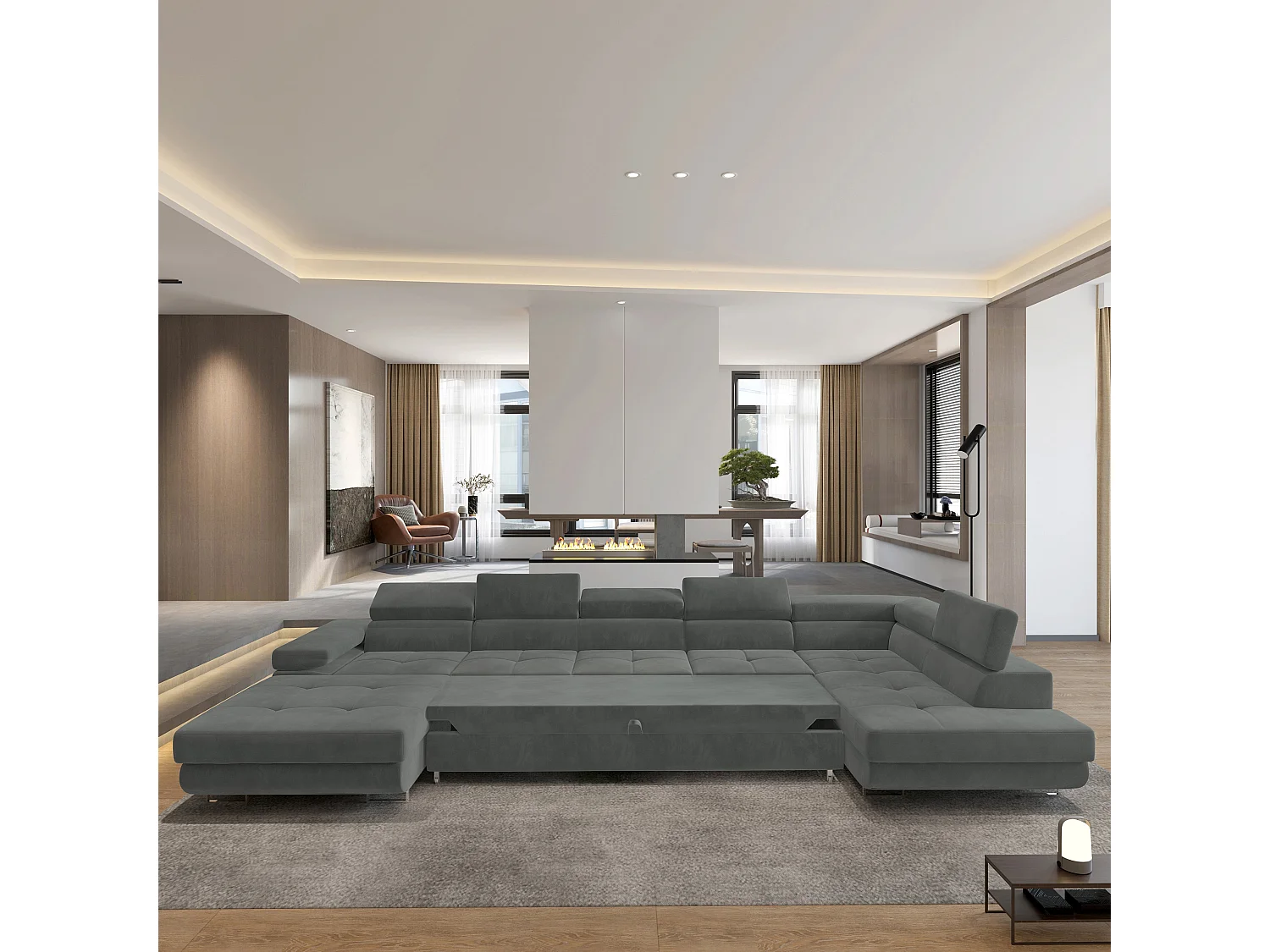 Canapé D'angle Toriva Gris En Velours Avec Fonction De Couchage