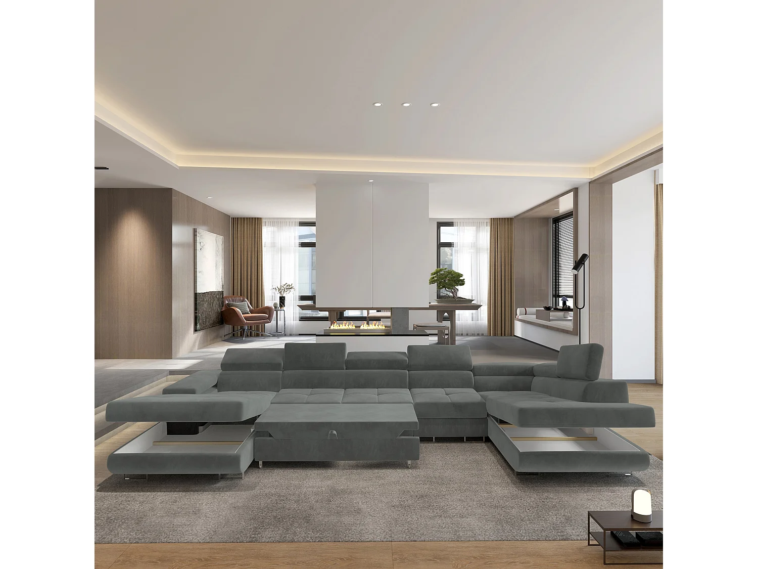 Canapé D'angle Velora  Gris En Velours Avec Fonction De Couchage