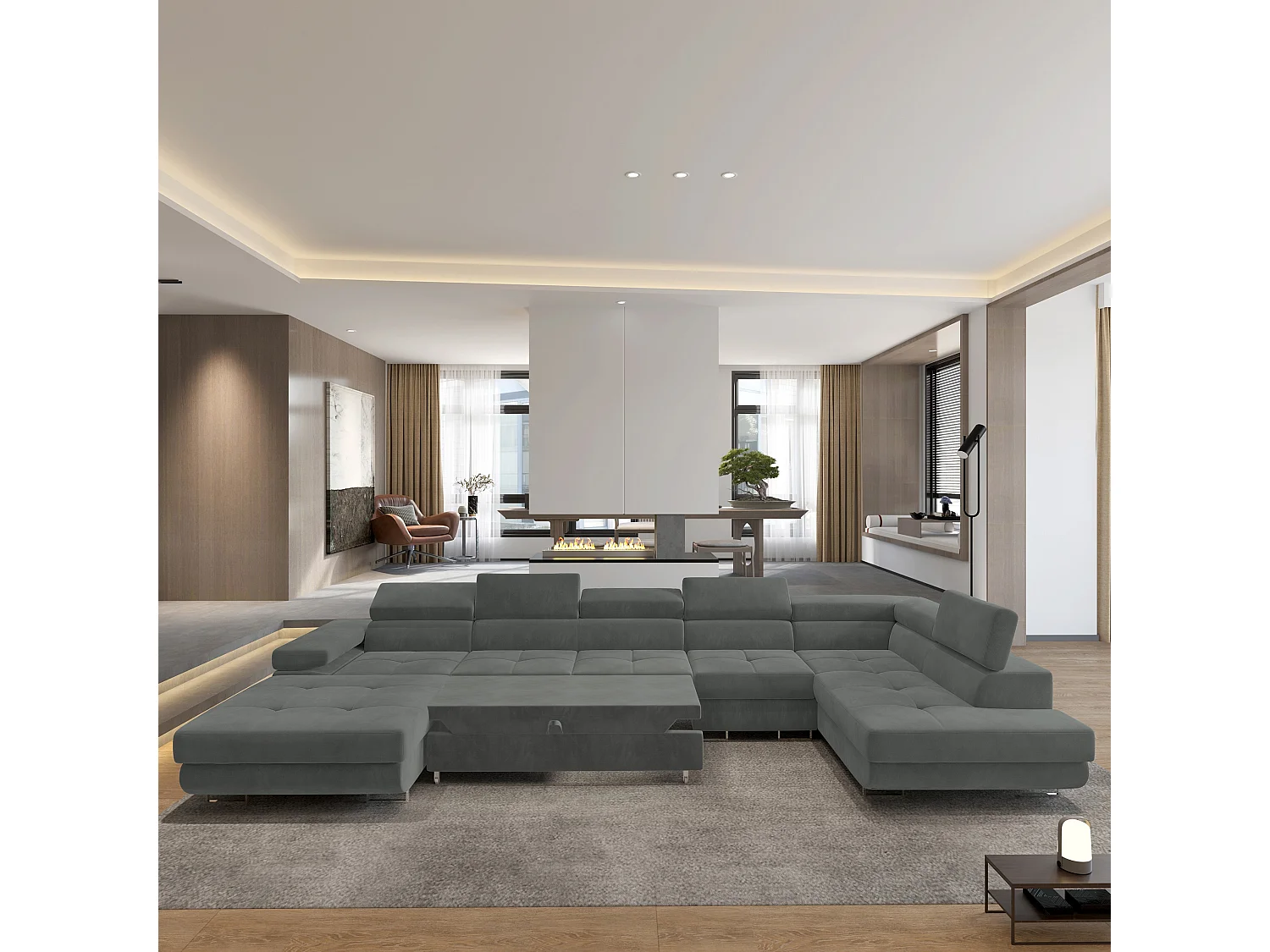 Canapé D'angle Velora  Gris En Velours Avec Fonction De Couchage