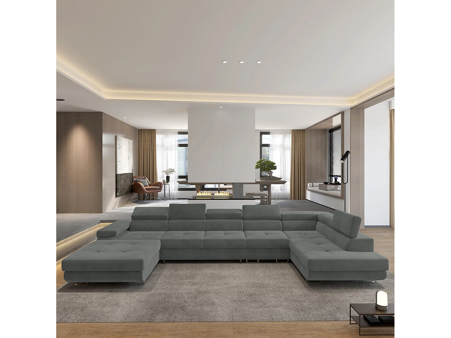 Canapé D'angle Velora  Gris En Velours Avec Fonction De Couchage